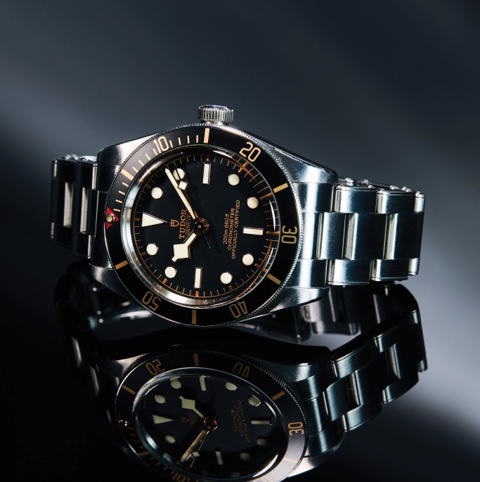 tudor black bay 58 watch with a silver case and bracelet