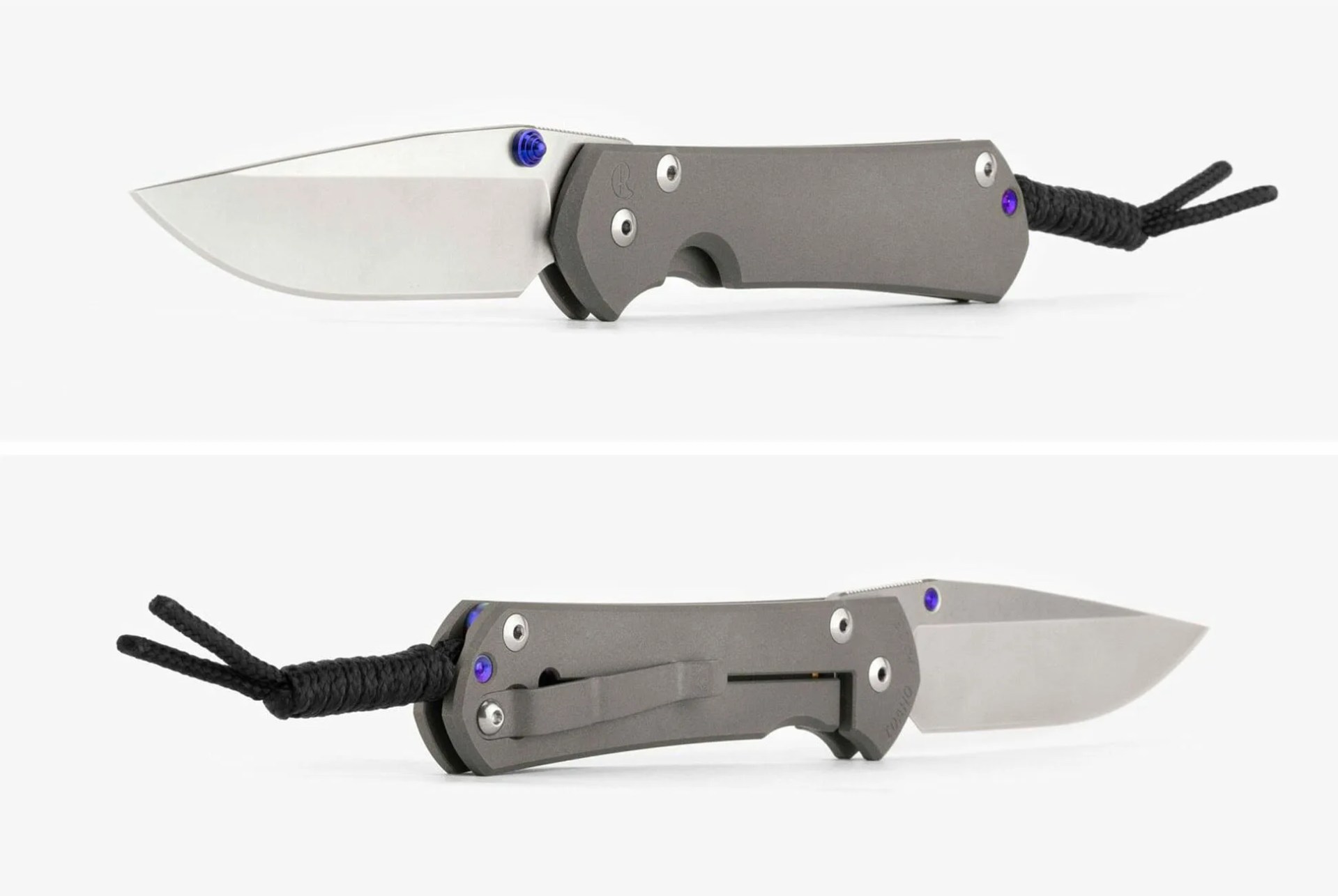 a pocket knife with a titanium handle and black lanyard viewed from two angles