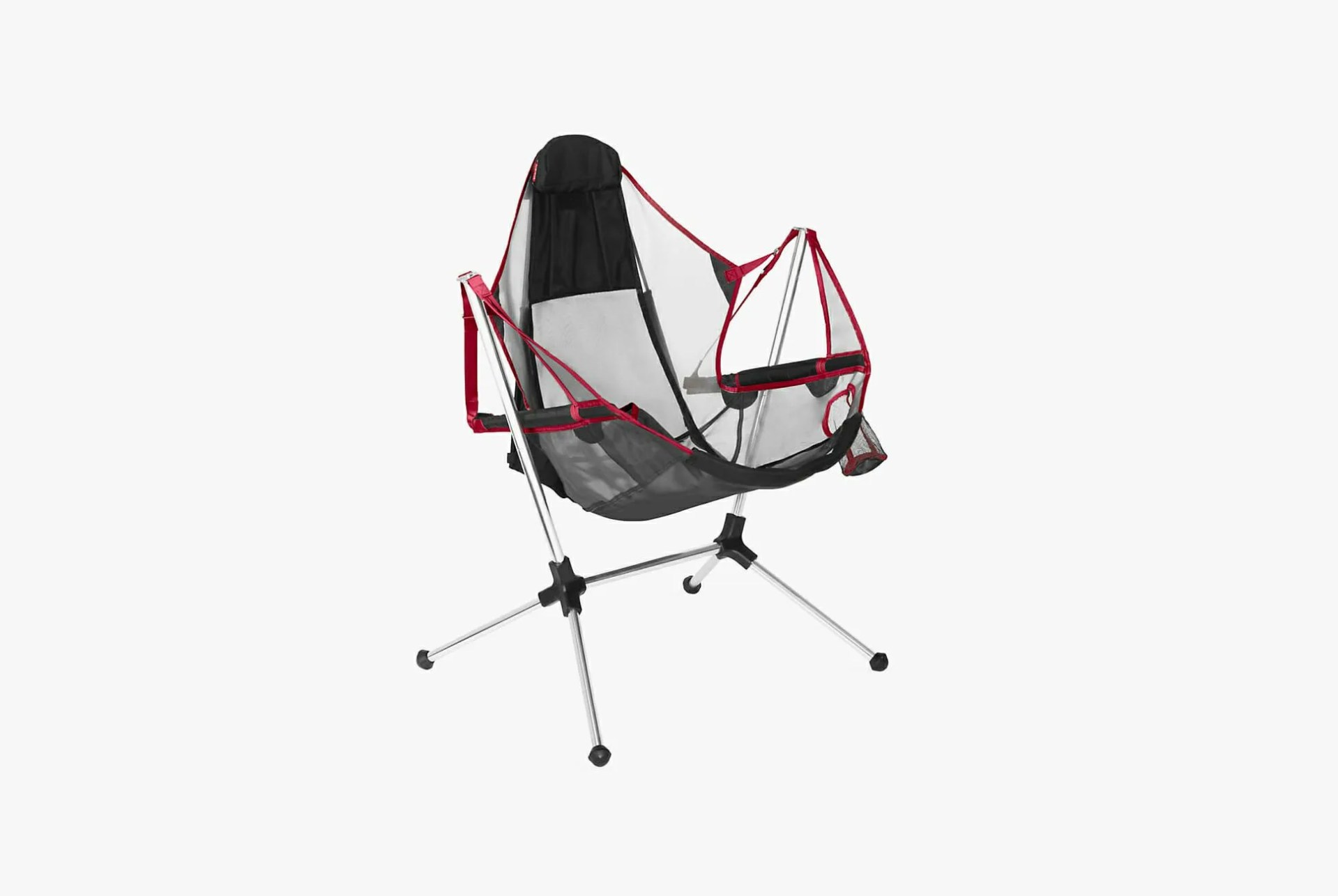 a black and red collapsible chair