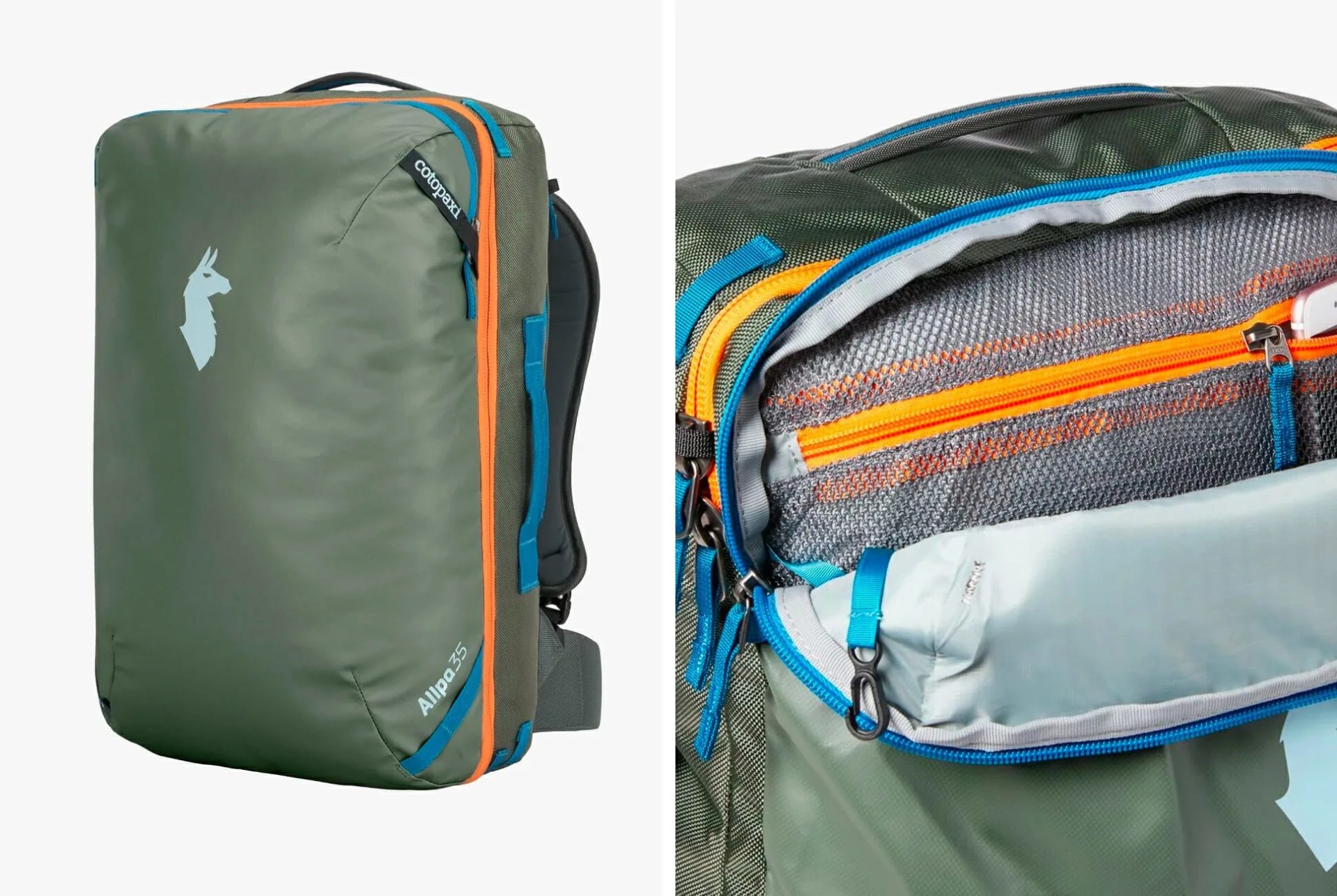 a large green backpack with orange and blue accents