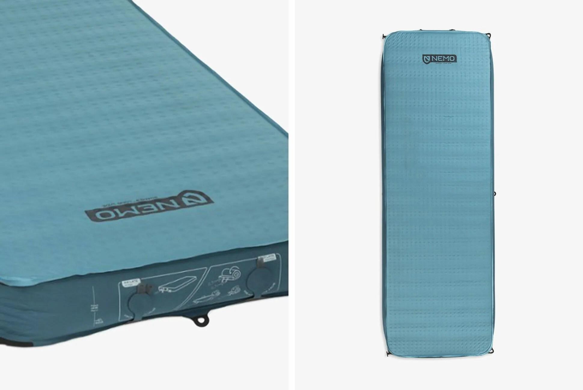 a blue inflatable sleeping pad for camping on a white background