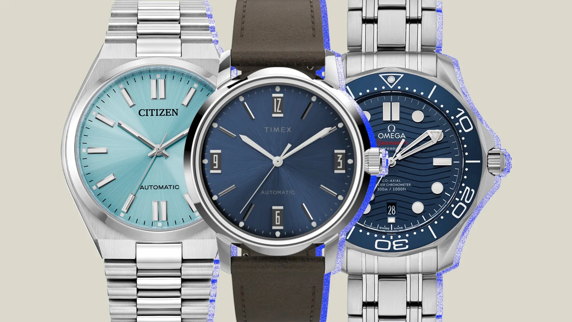 collage of three watches with blue faces