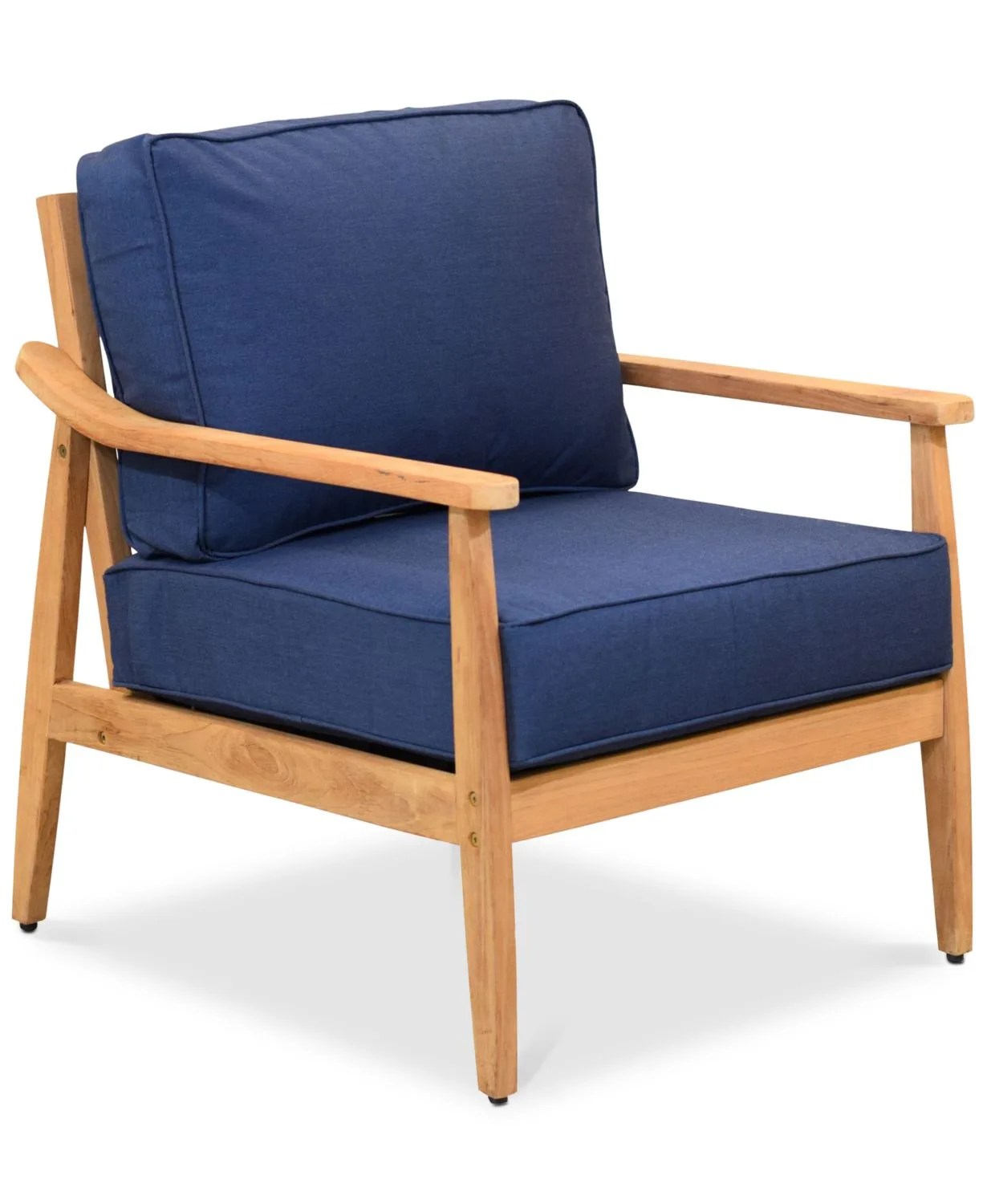 Teak outdoor chair with blue cushions on a white background.