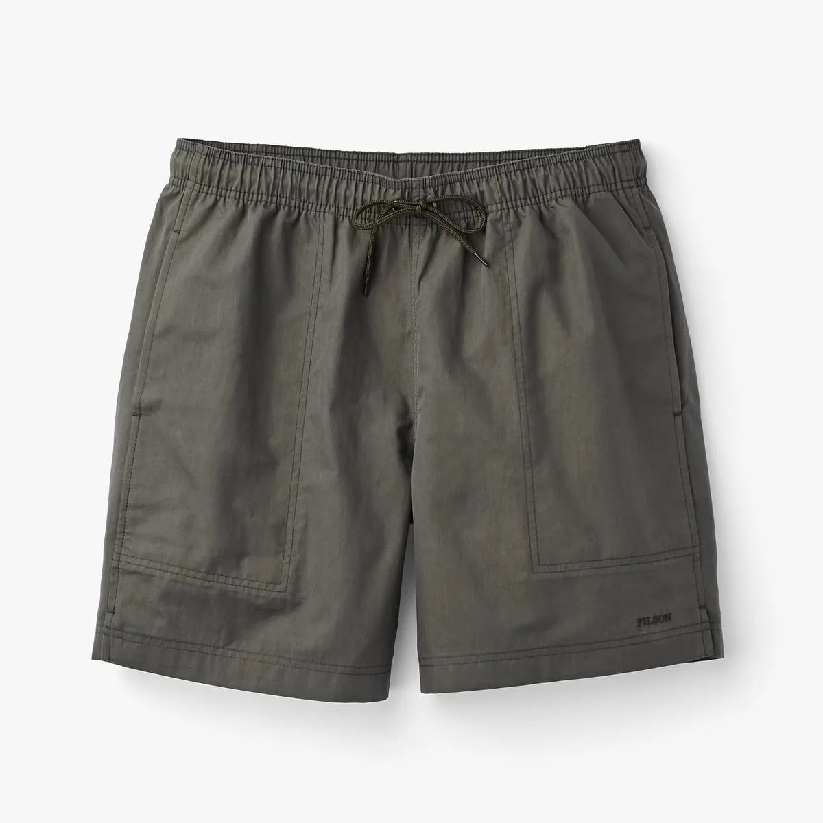 Olive gray colored shorts with elastic waist on a white background.