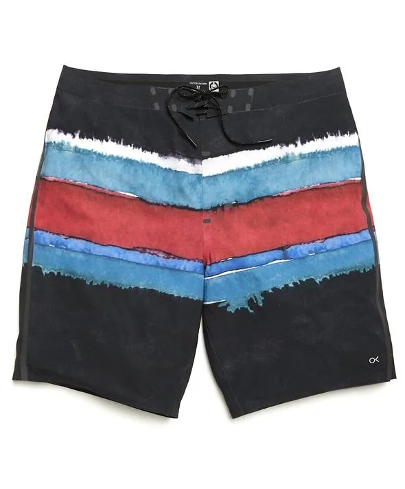 Black swim trunks with blue and red stripes.