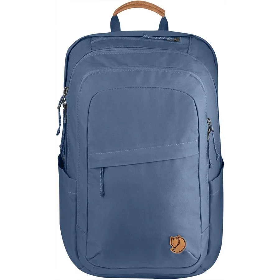 A blue backpack with a tan handle on a white background.