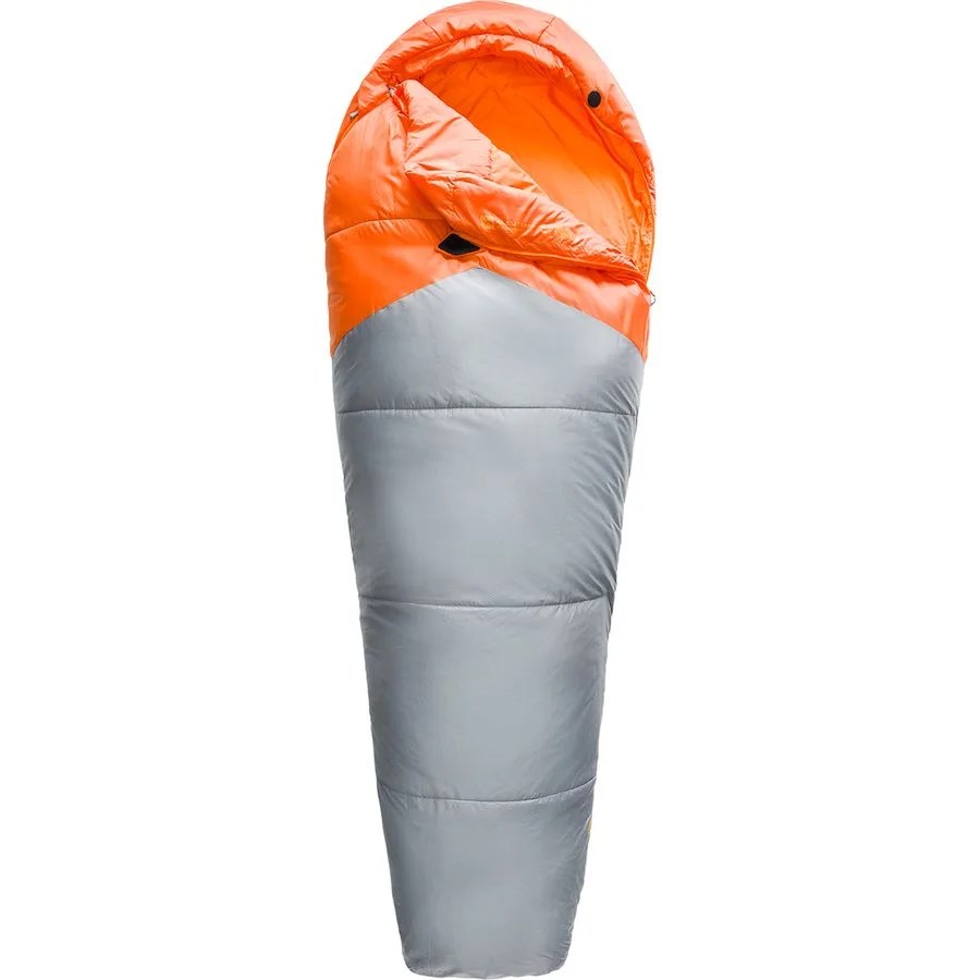 A grey and orange mummy sleeping bag on a white background.