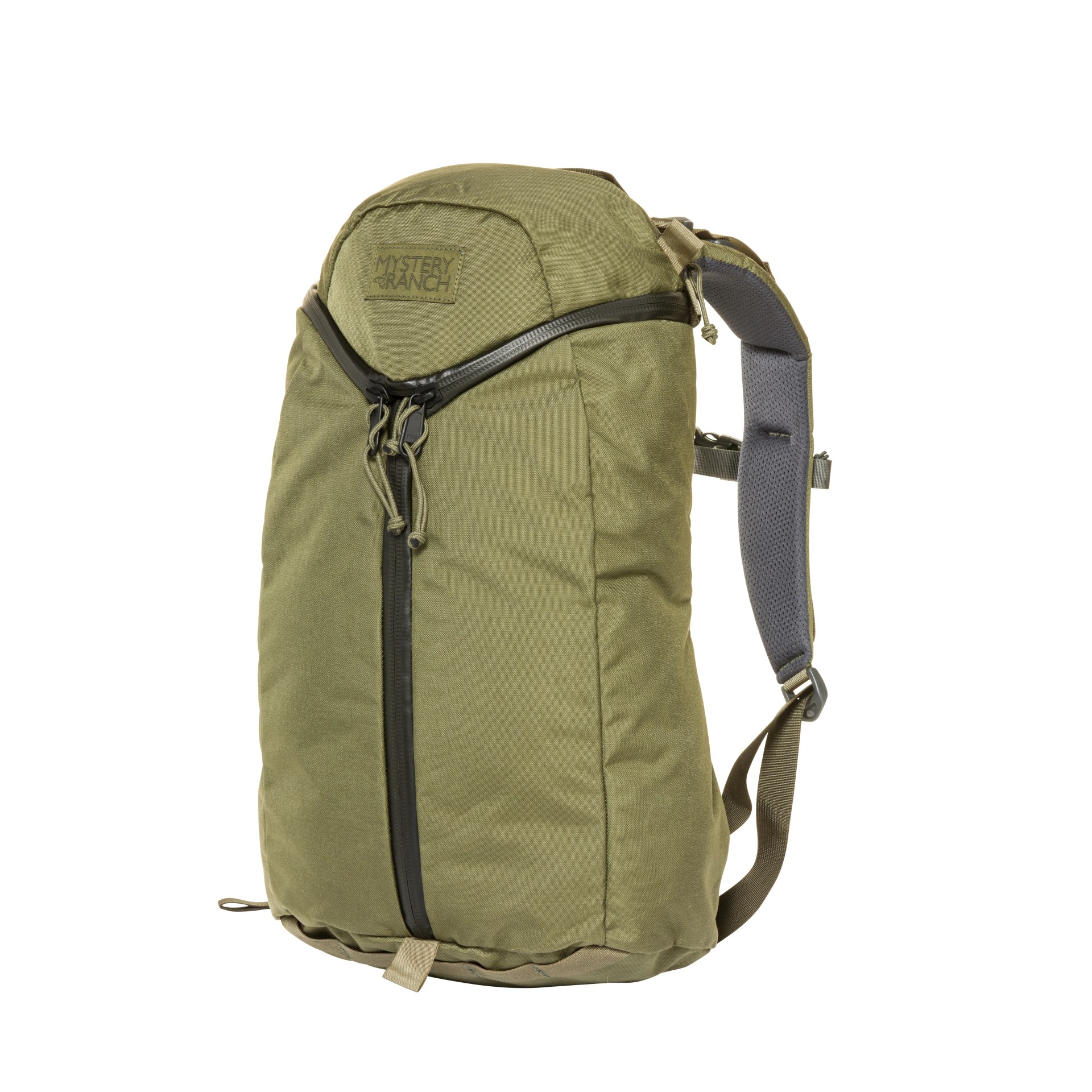 an olive green backpack with a zipper up the middle