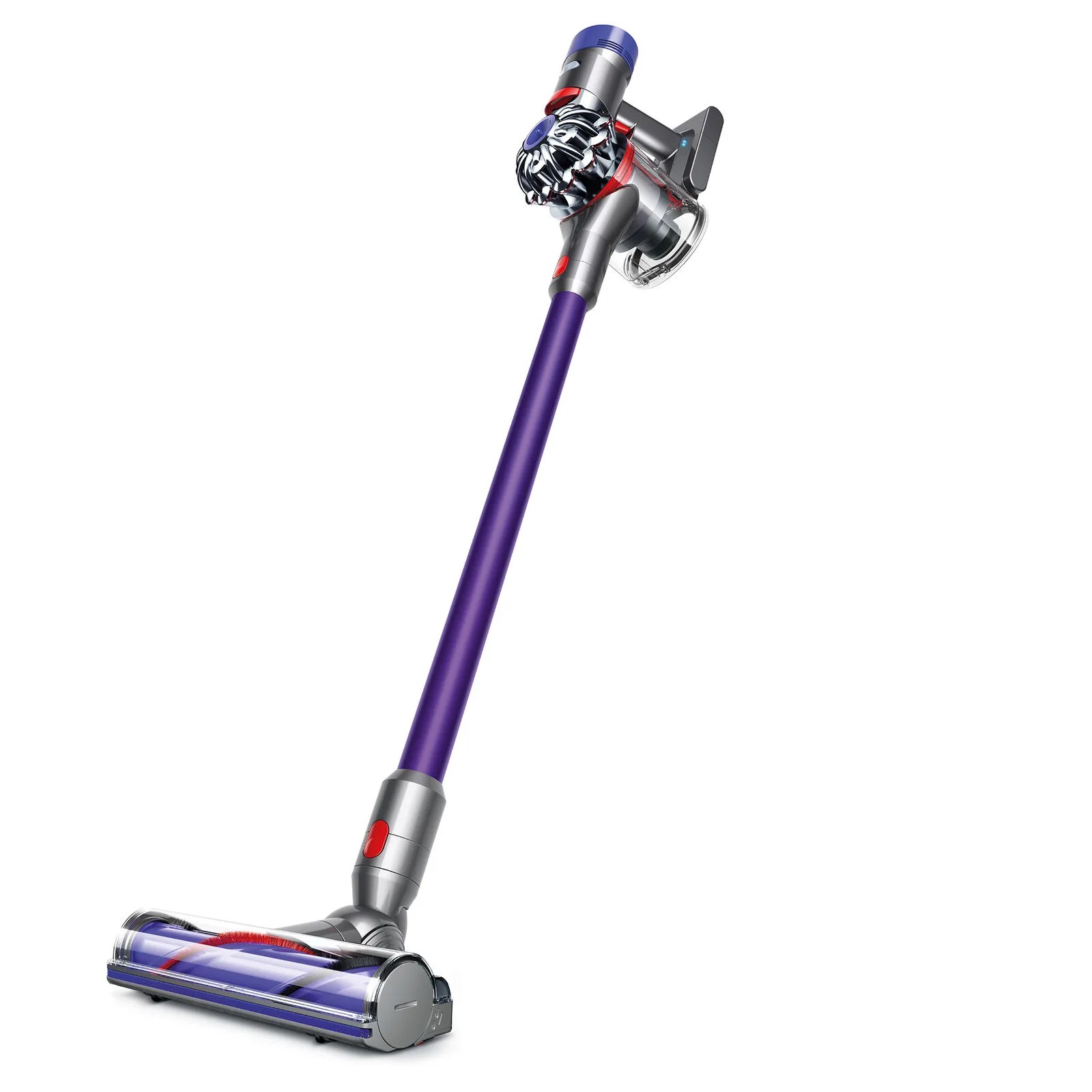 A purple Dyson stick vacuum on a white background.