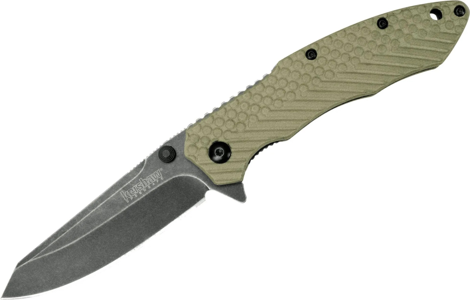 A green-handled drop point knife on a white background.