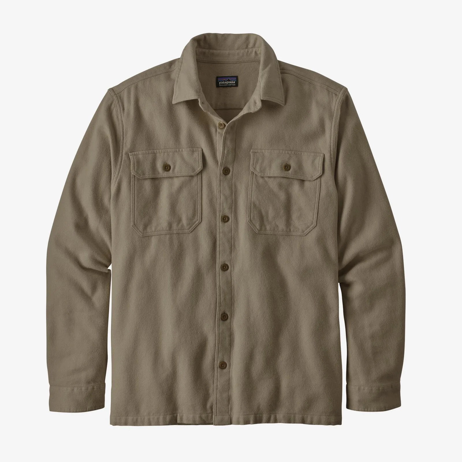 a tan-colored long sleeve flannel shirt with chest pockets