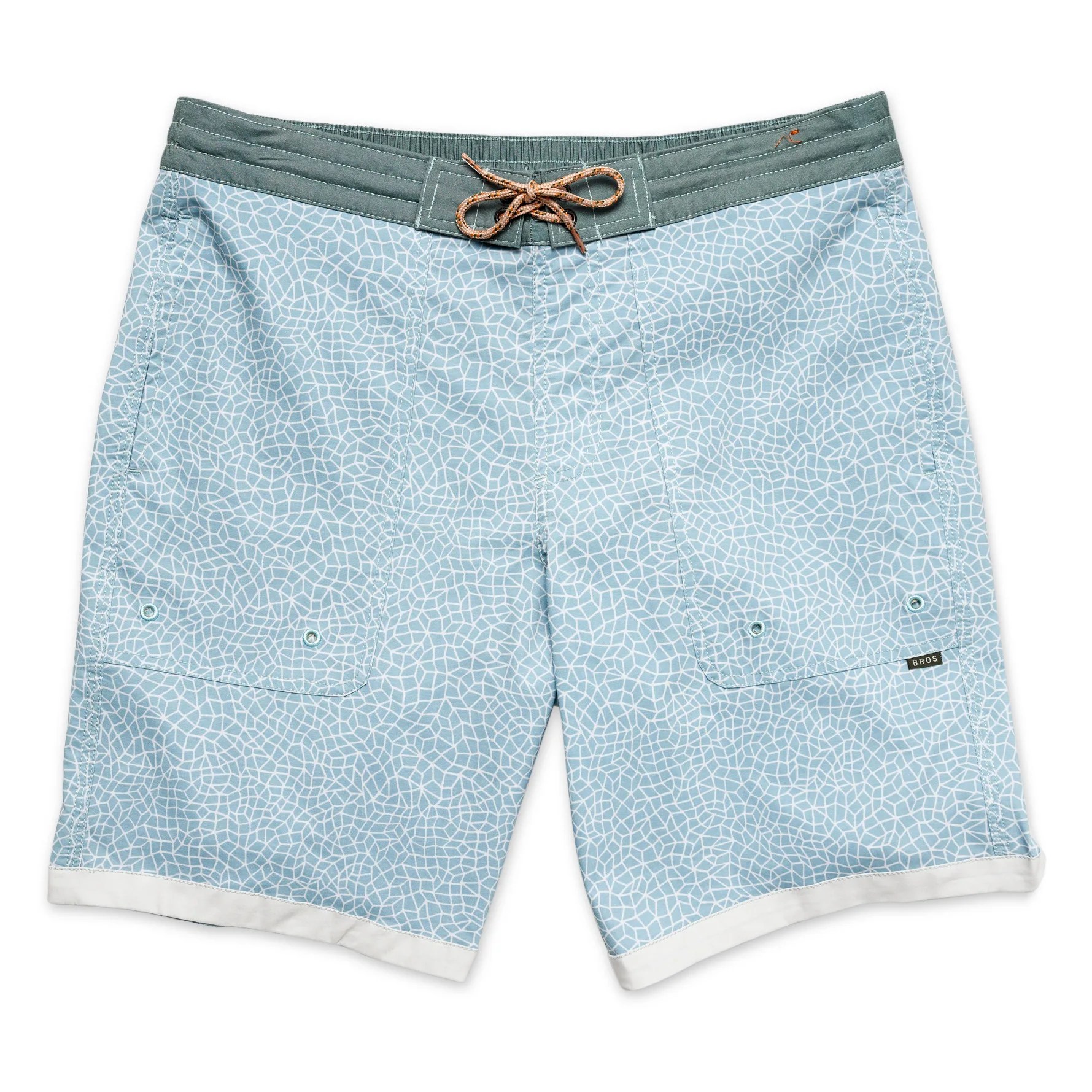 light blue boardshorts with a green waistband and brown lace