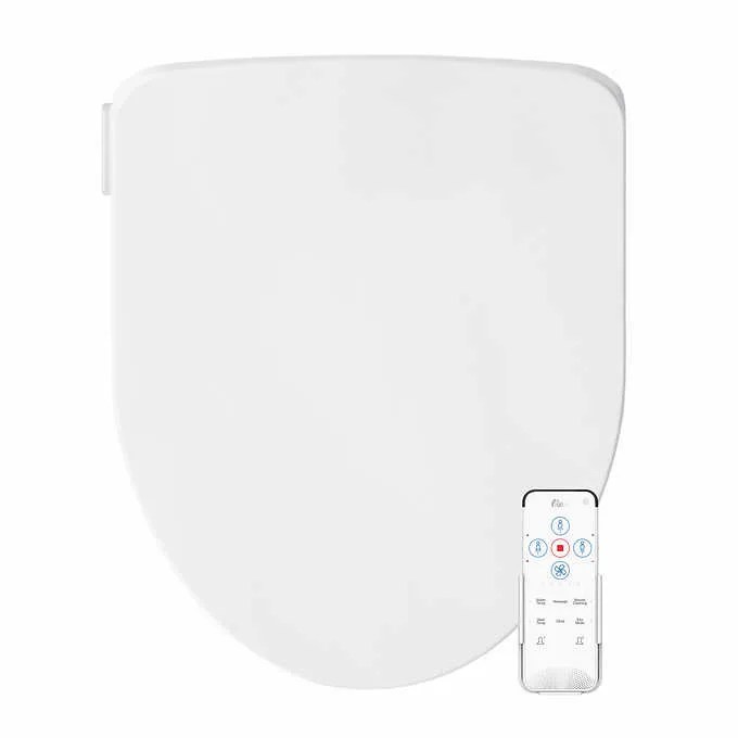 A white toilet seat bidet and remote control on a white background.