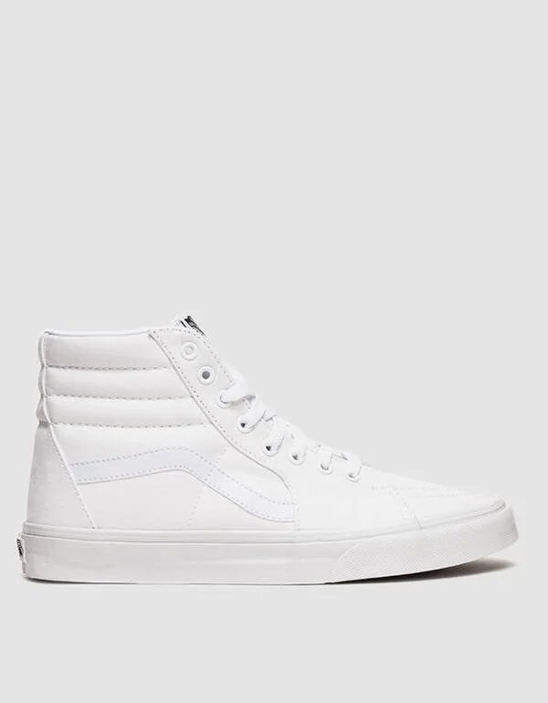 White high-top sneakers on a gray background.