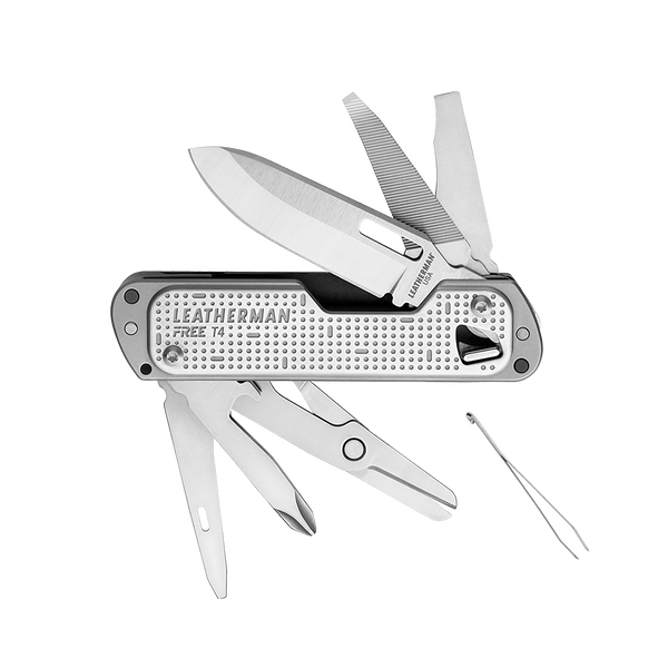 A stainless steel multi-tool on a gray background.