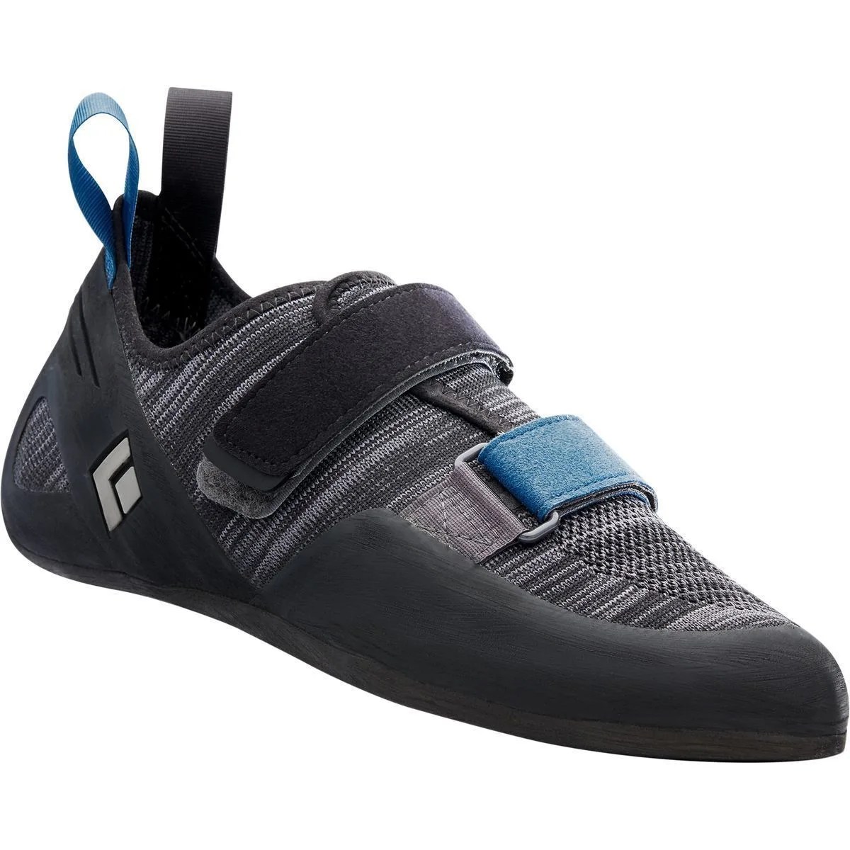 a black rock climbing shoe with two velcro fastners