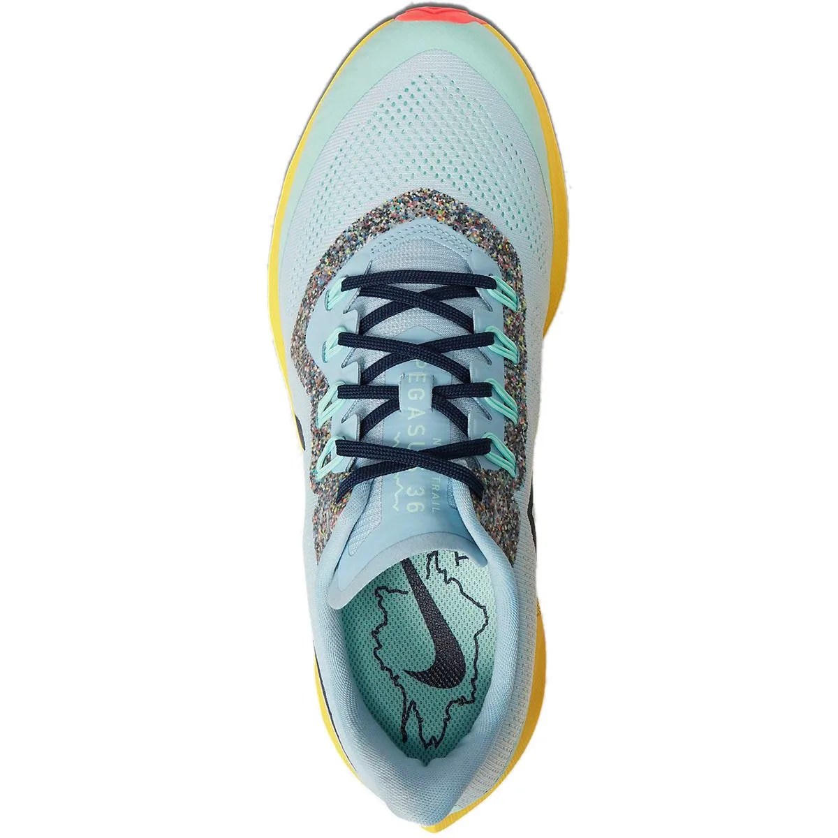 an overhead view of a light blue running shoe with black laces and a yellow sole