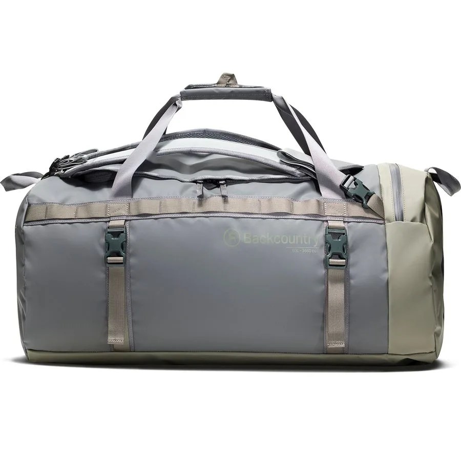 a gray and tan duffel with backpack straps and buckles