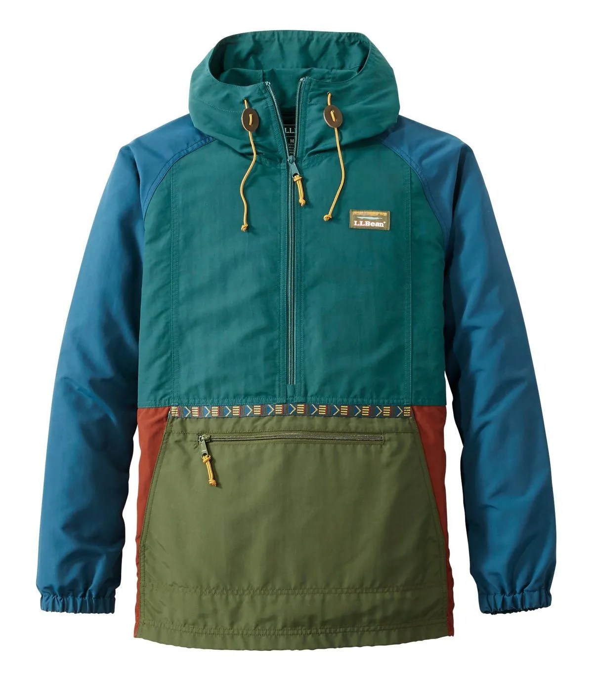 An olive, gray and blue anorak rain jacket on a gray background.