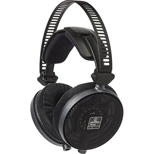 A pair of black Audio Technica headphones with wire.