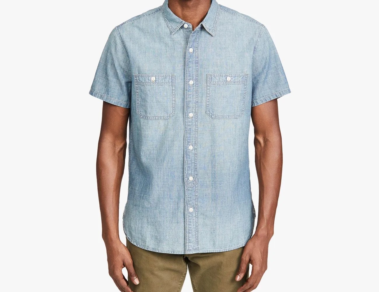chambray short sleeve shirt on model