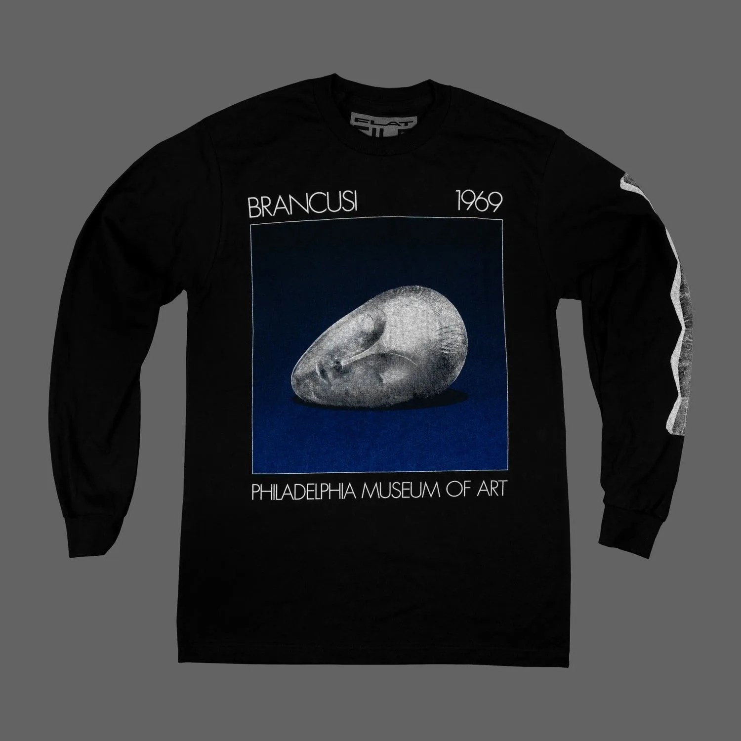 black t shirt with brancusi sculpture of a human head