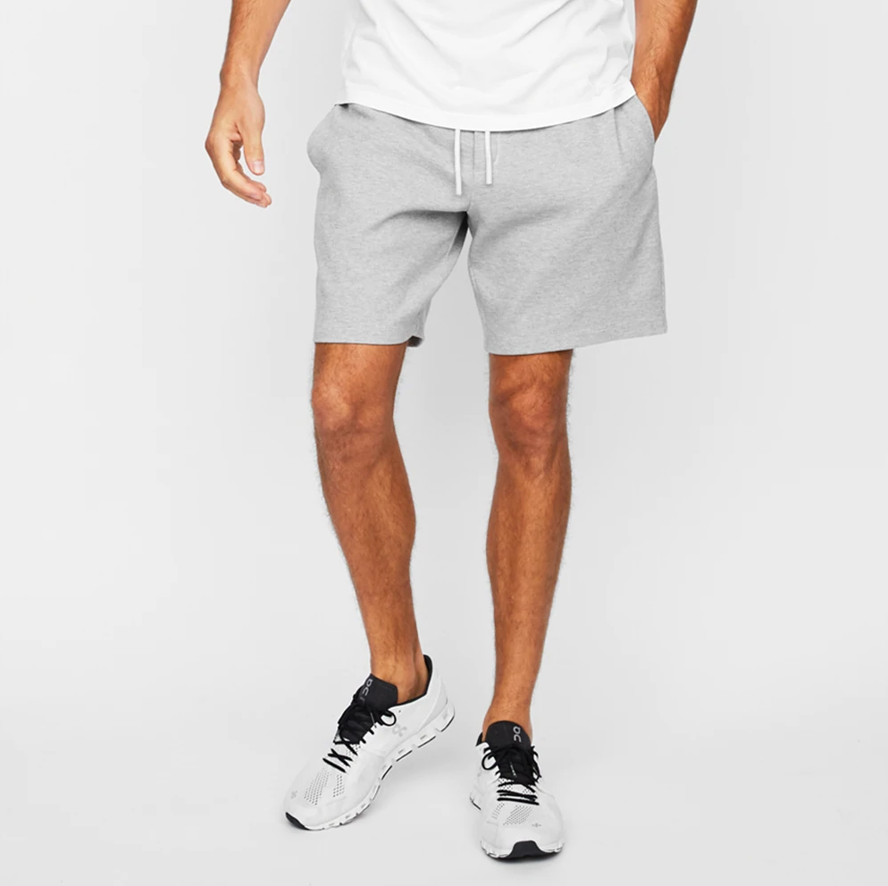 grey shorts on model