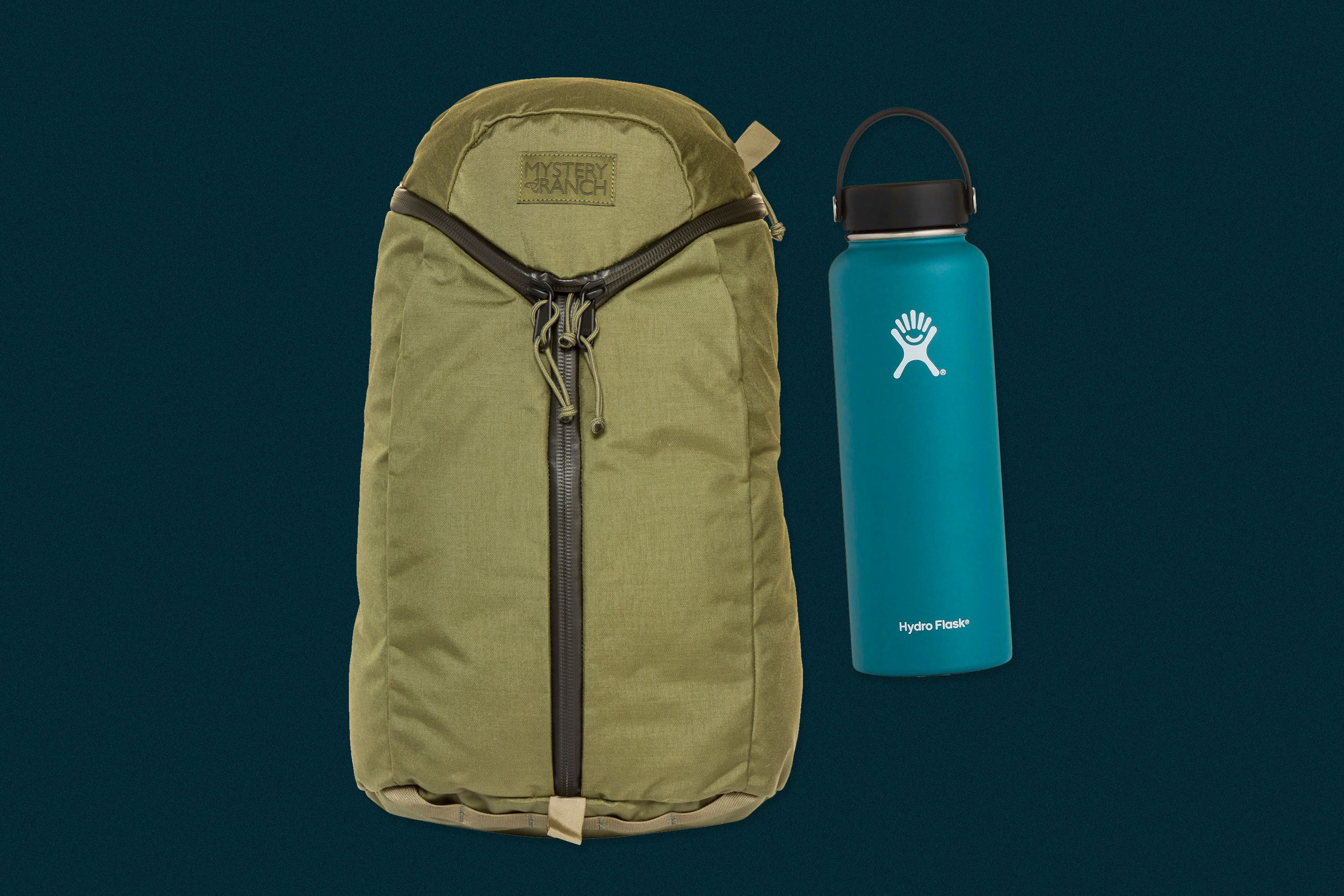 an olive green backpack next to a turquoise water bottle on a dark blue background