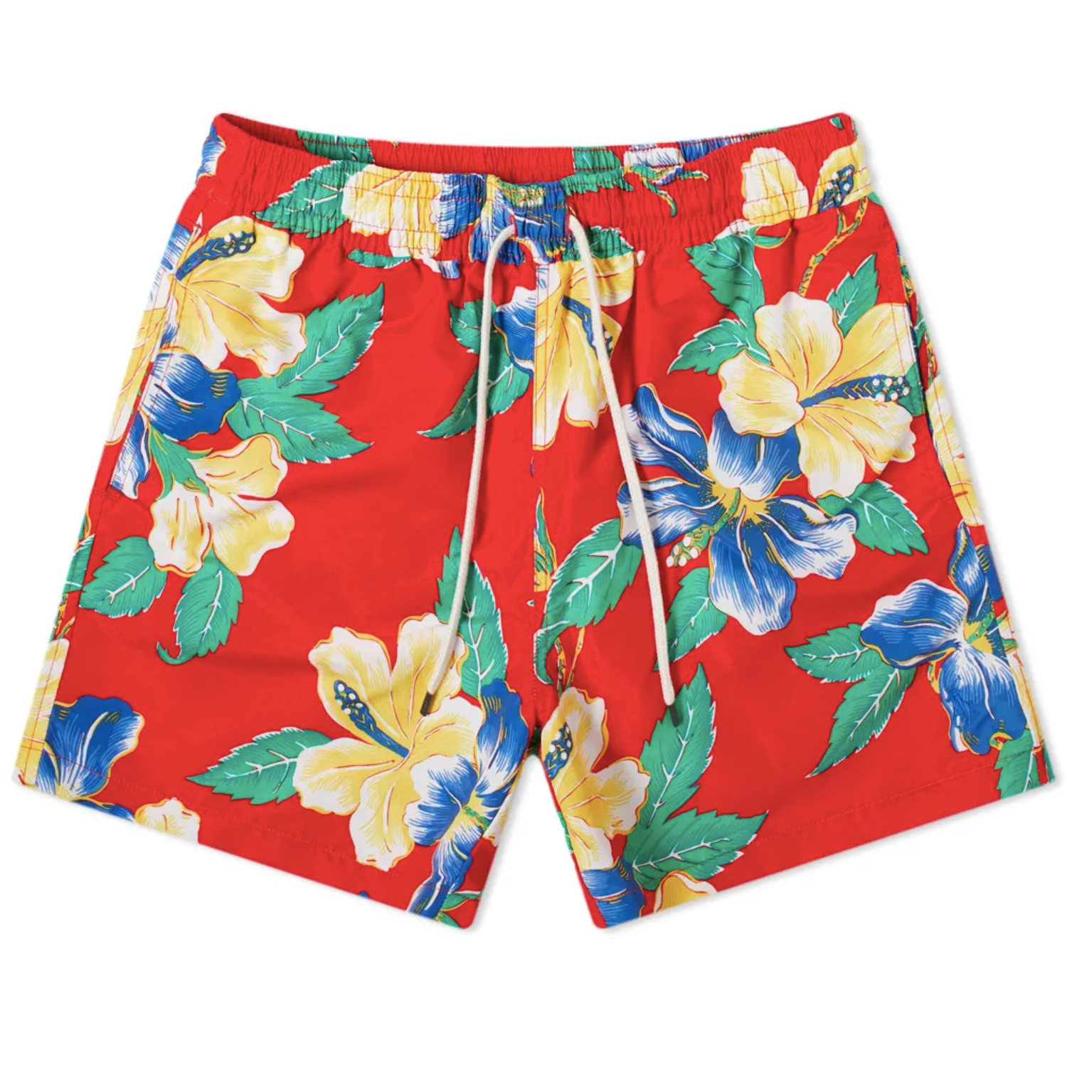 red floral swim shorts