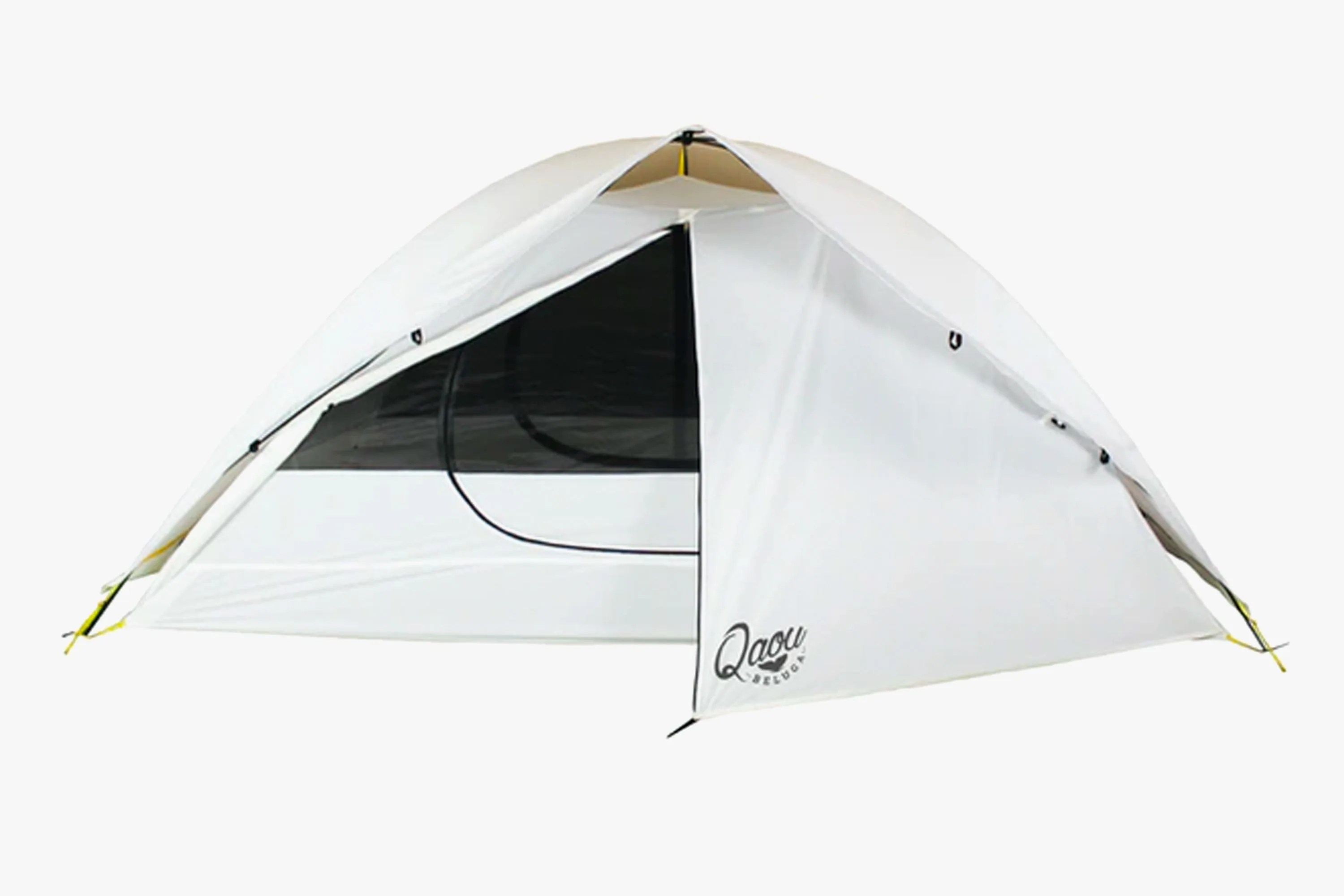 a white tent with a half open door