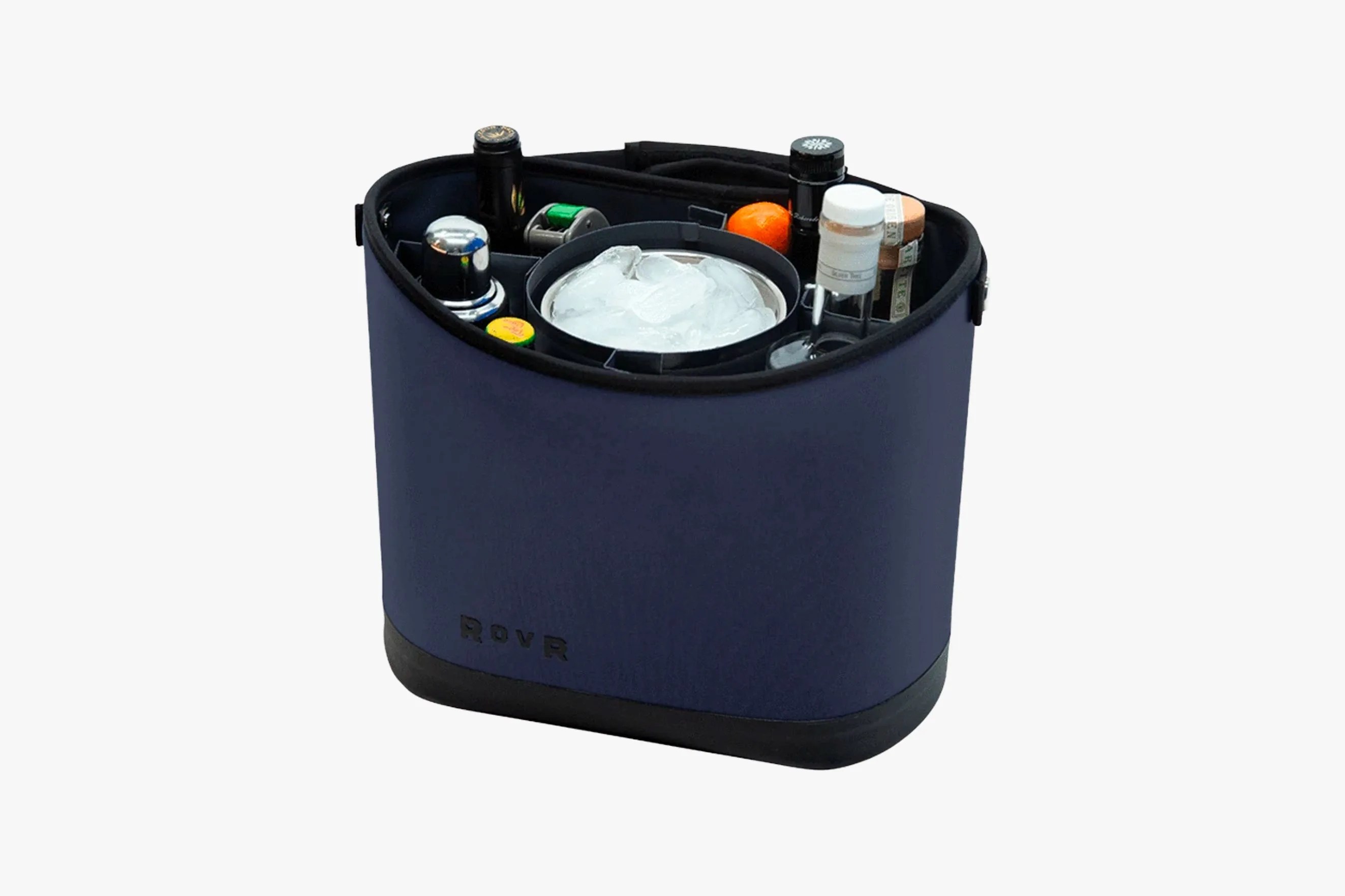 a navy blue bucket filled with ice and bottles