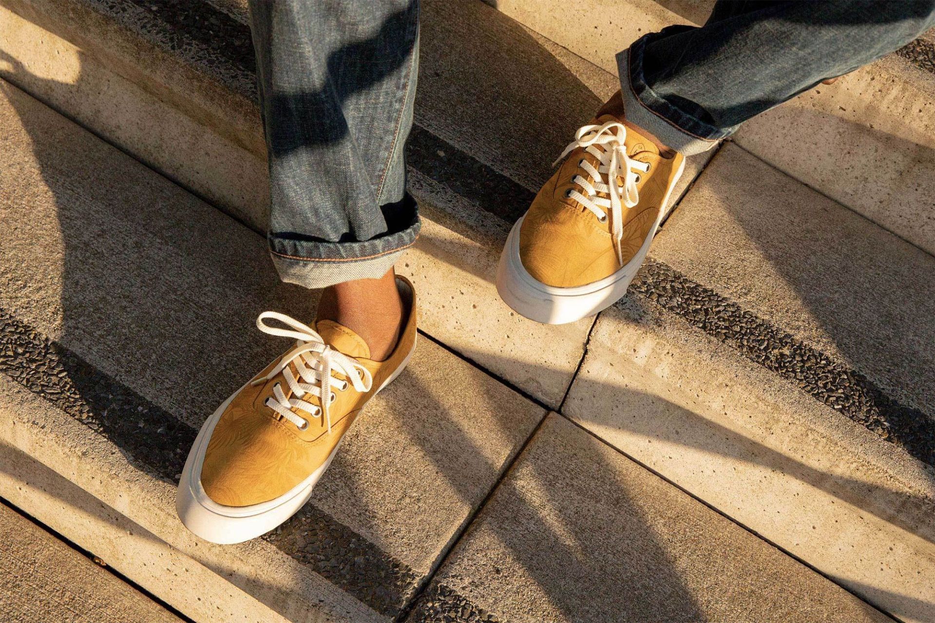 yellow sneakers on model