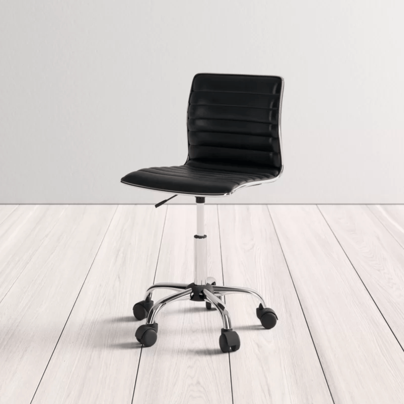 An office chair with a black vinyl seat and wheels.