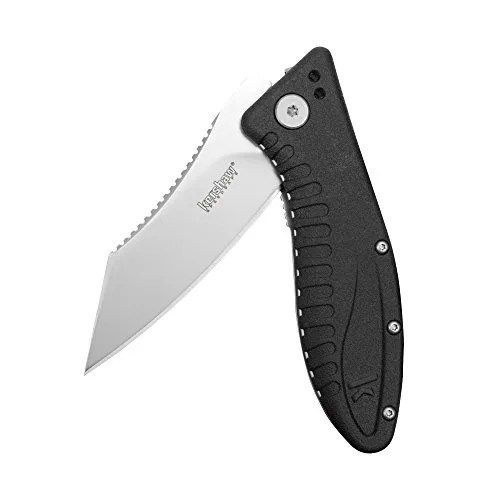 A black-handled stainless steel folding pocket knife on a white background.