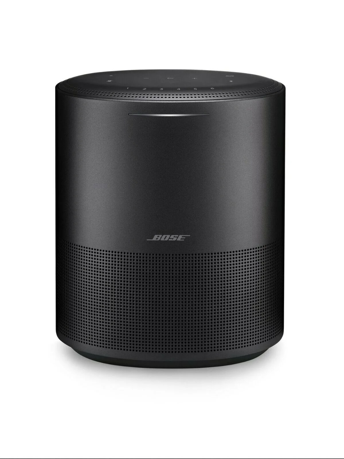 A black smart speaker on a white background.