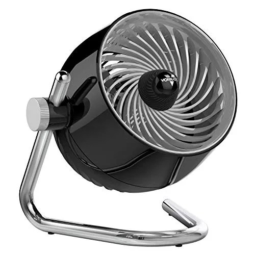 A black and silver desk fan on a white background.