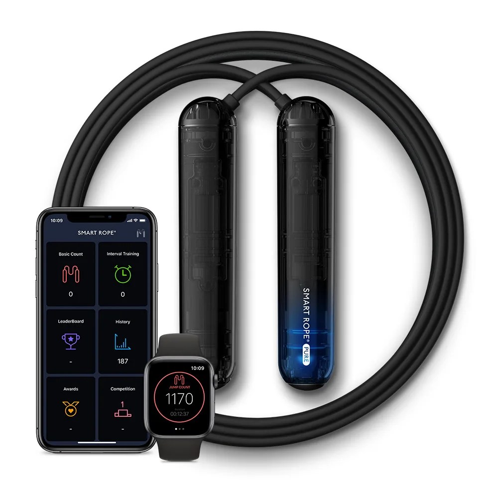 A black jump rope, iPhone and Apple Watch on a gray background.
