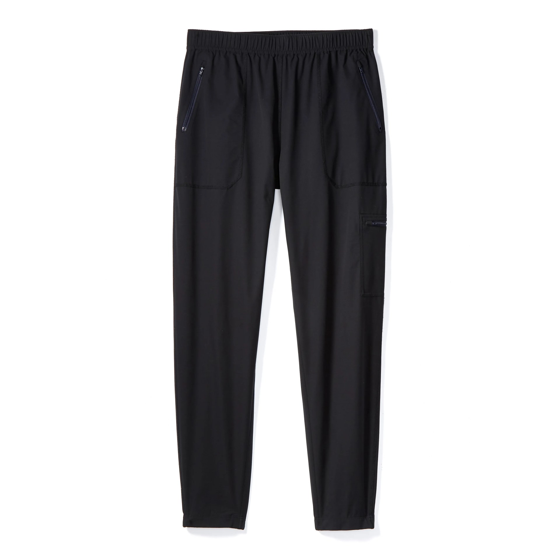 Black joggers on a gray background.