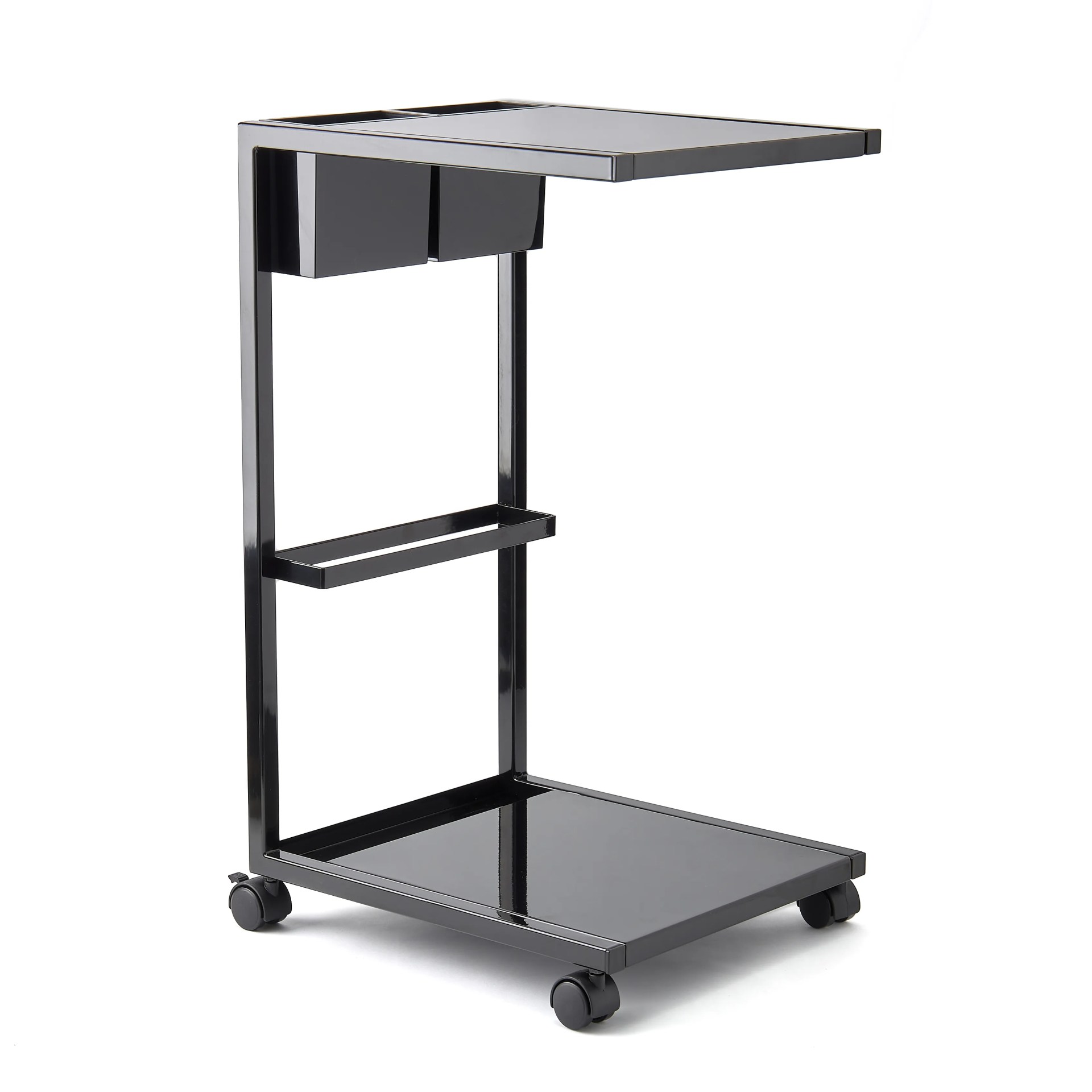 A black side table on wheels on a gray background.