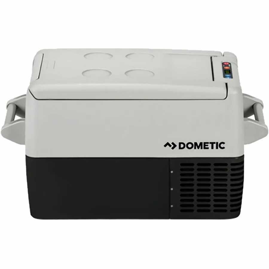 an electric cooler with a gray top and black bottom