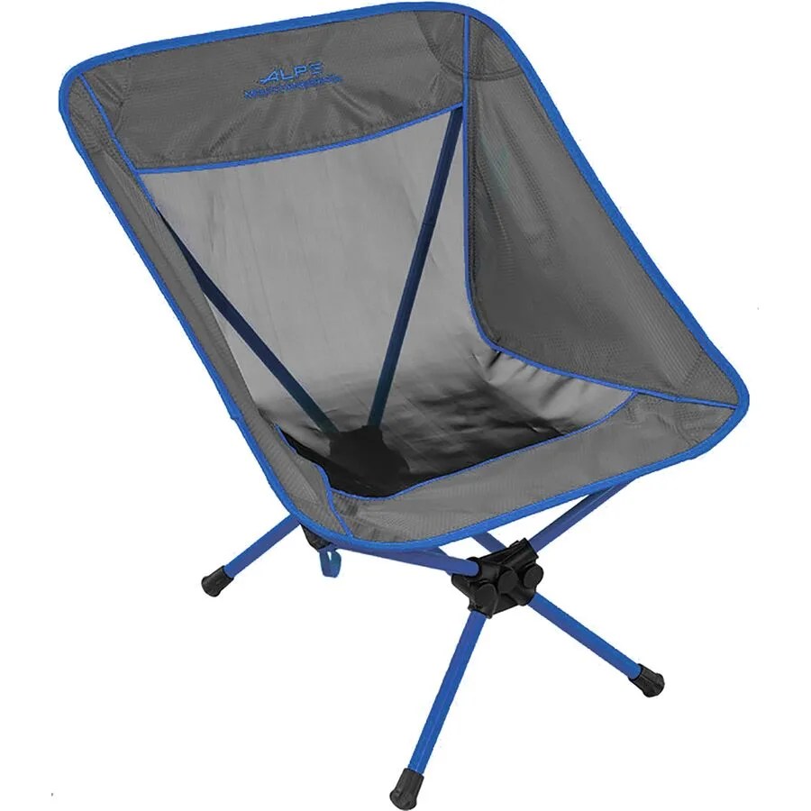 A blue and gray camping chair on a gray background.