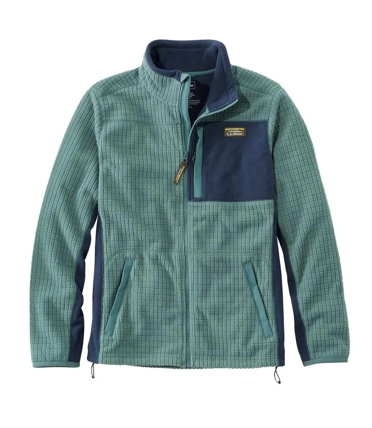 A gray and blue zipper fleece on a gray background.