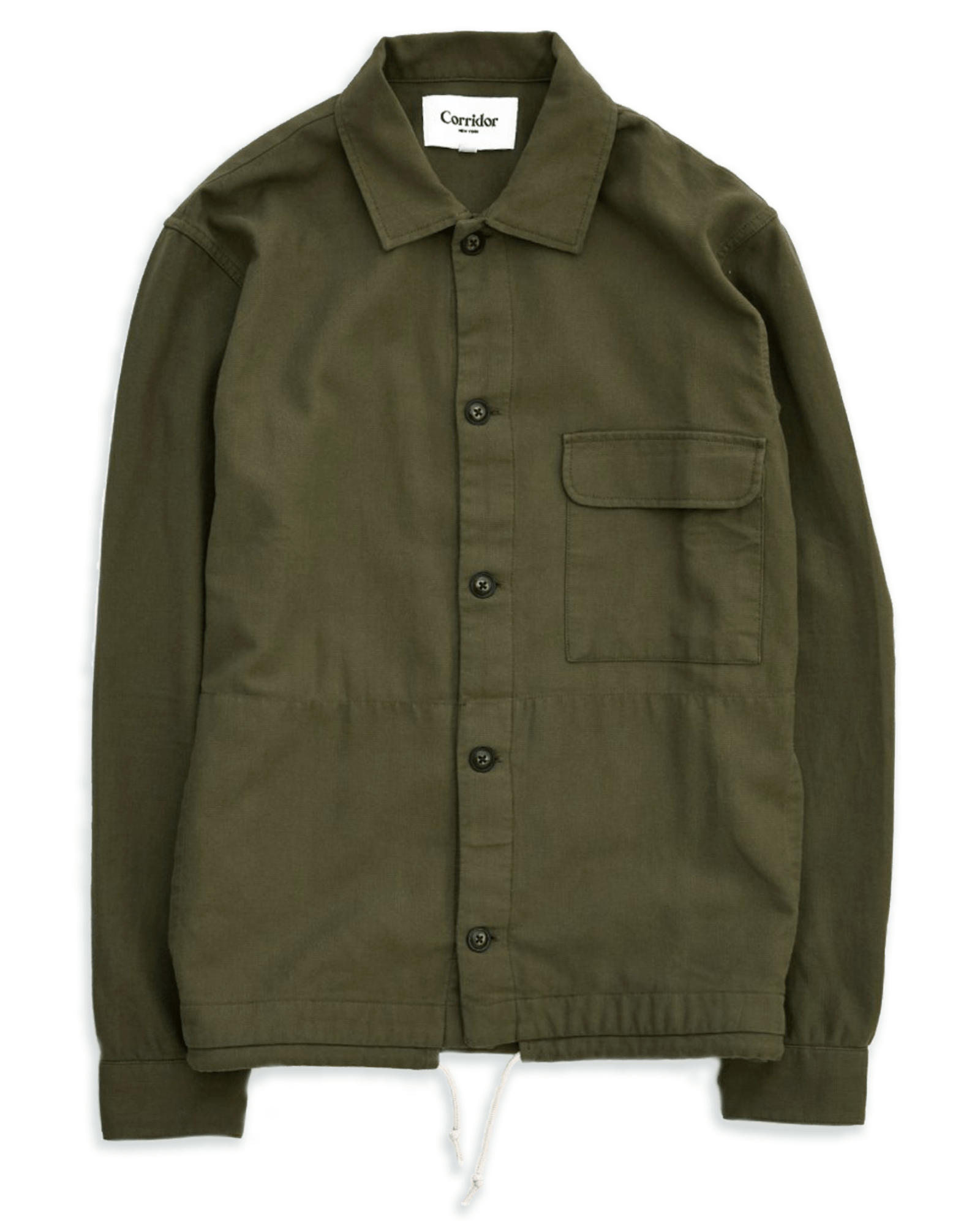 An olive button up jacket on a gray background.