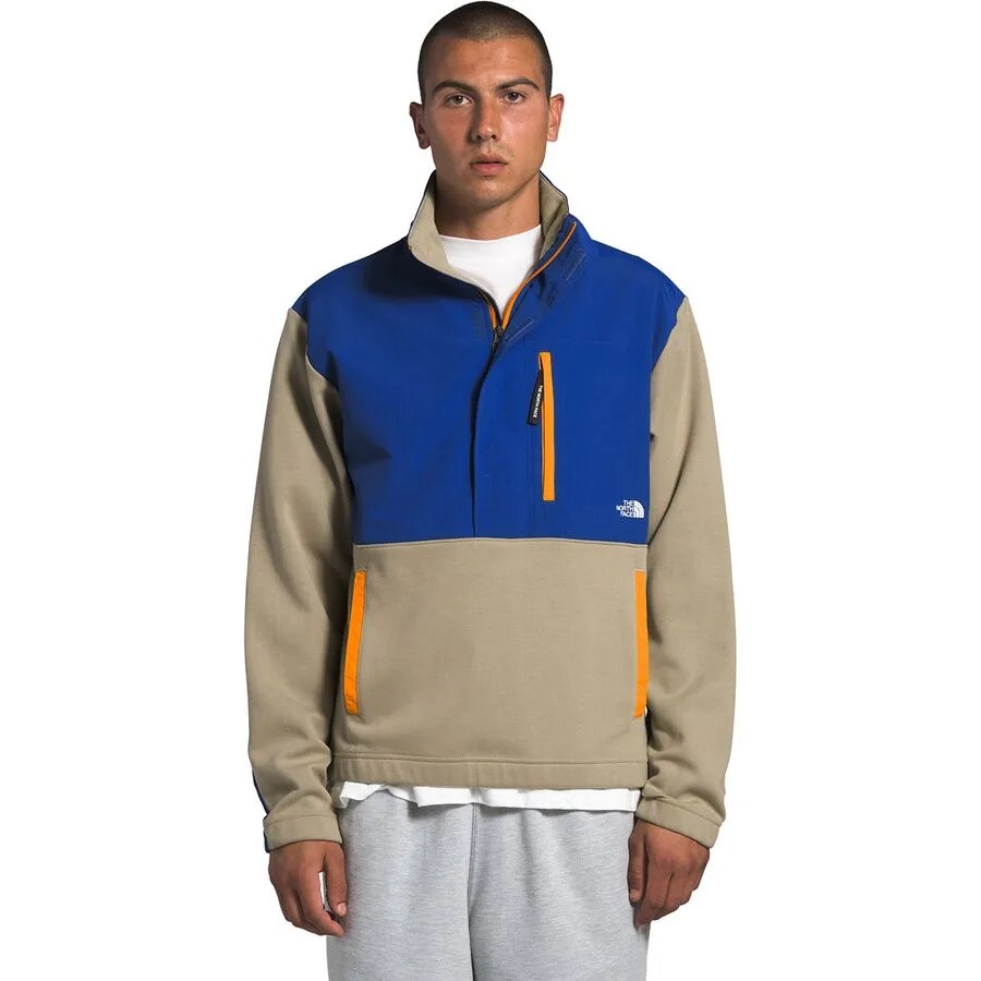 A fleece pullover on a model on a white background.