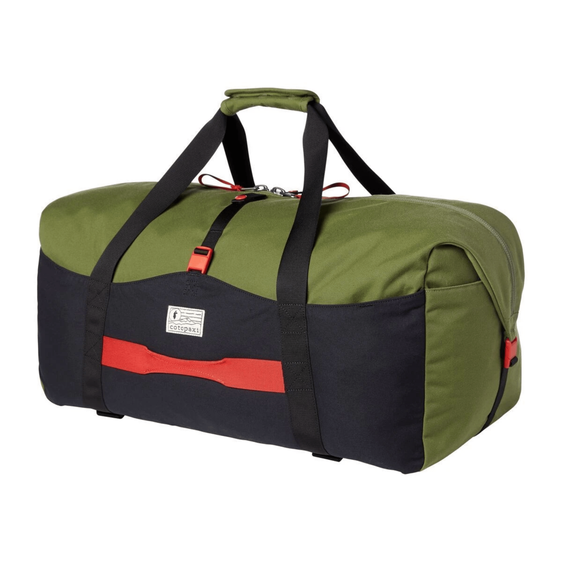 A green and black duffel bag on a white background.