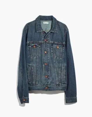 A jean jacket on a white background.