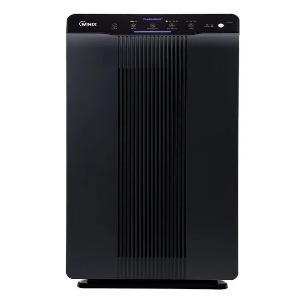 A black air purifier on a white background.