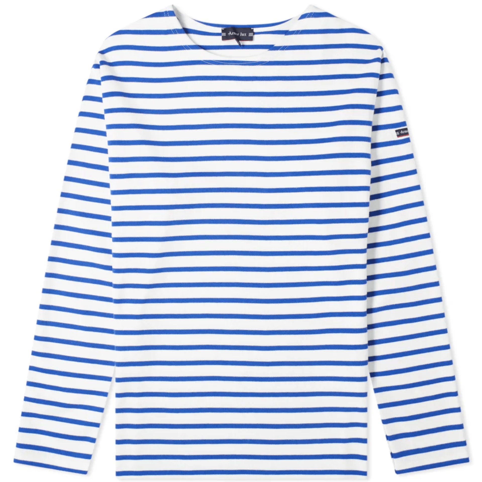A long-sleeve striped t-shirt on a white background.