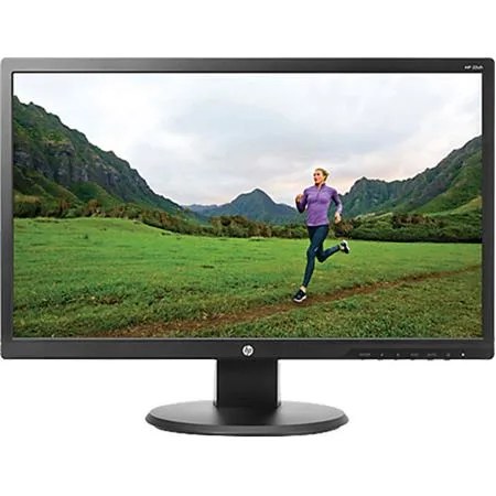 A computer monitor with a desktop photo of a woman running.