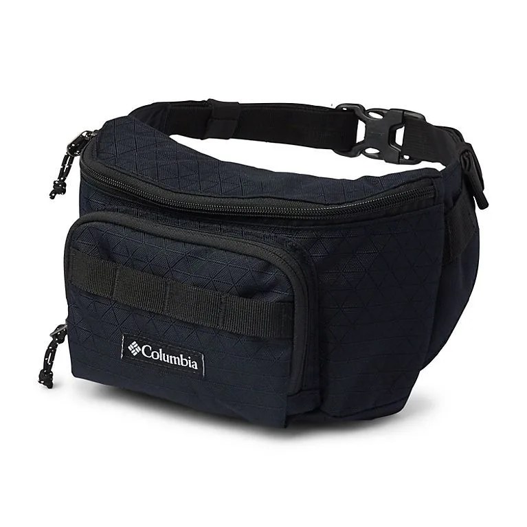 A black hip pack on a gray background.